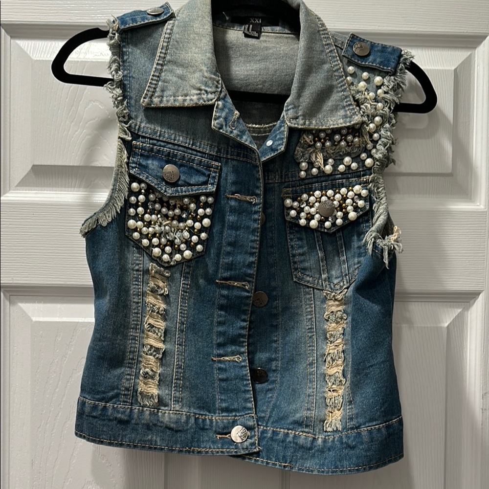 Forever 21 Blue Jean Vest with Pearl Embellishments